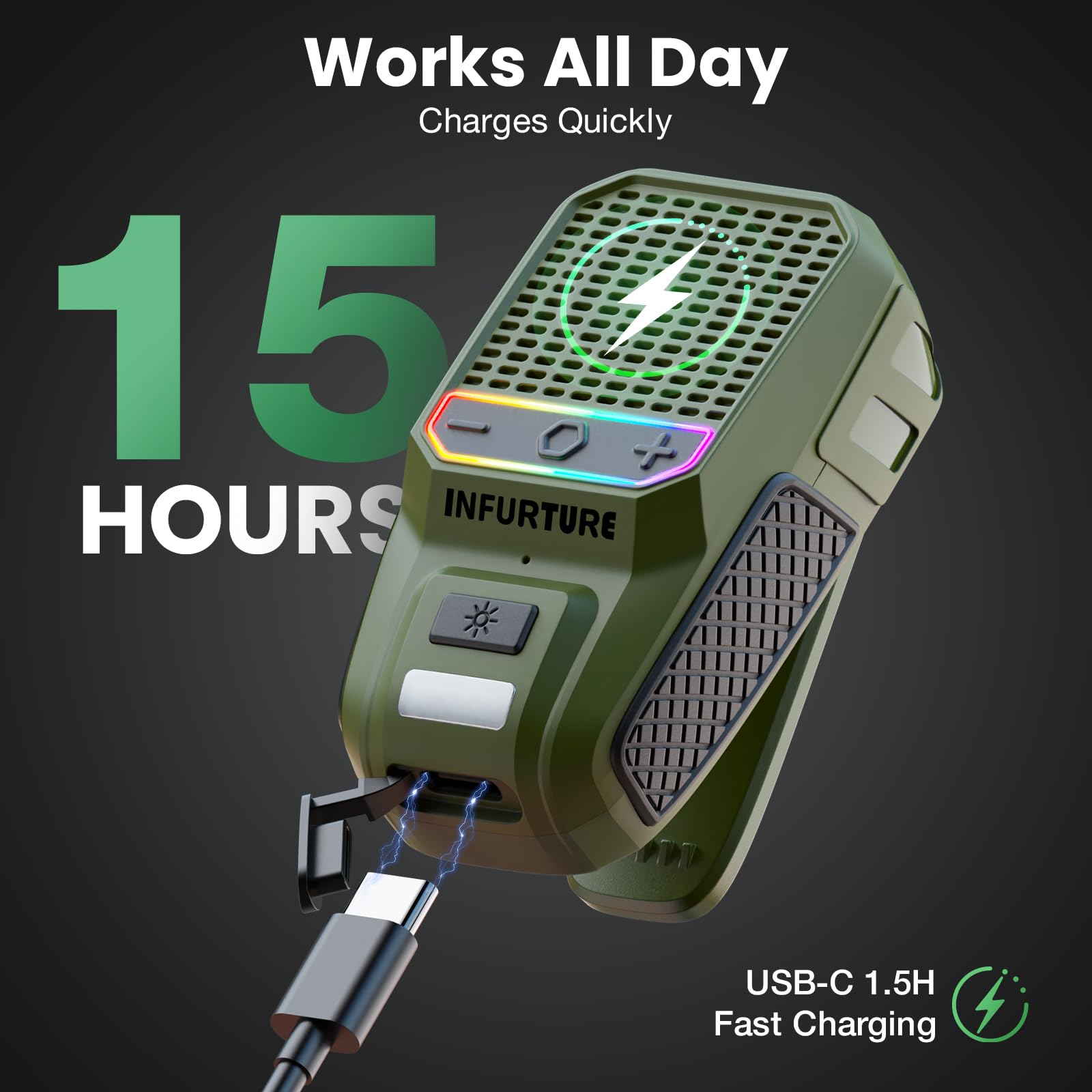 INFURTURE Wearable Bluetooth Speaker with RGB/Flashlight Clip On Bluetooth Speaker (Non-Magnetic)-Built-in Noise Reduction Mic for Hands-Free Music/Calls-for Work/Riding/Golf/Outdoor(Green)