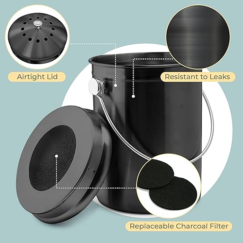 Miniatura 16 de Calificación superior del cesto de basura de acero inoxidable Epica, cubeta para abono de 1.3 galón, incluye filtro de carbón. Plateado