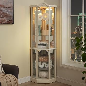 71.93"H Lighted Corner Curio Cabinet with Tempered Glass Doors and Shelves, Glass Display Cabinet with Curved Top Carving, Light Bulb Included, Rack for Liquor Storage and Living Room White