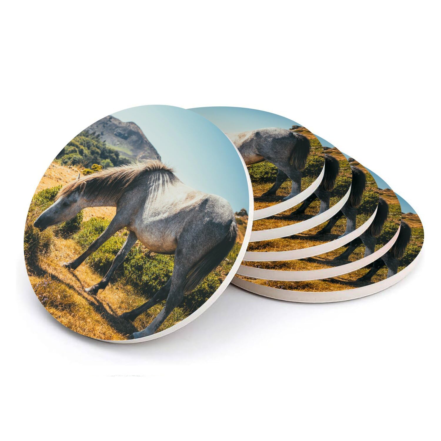 Sous verre ronds en céramique cheval gris lot de 6 dessous de plat