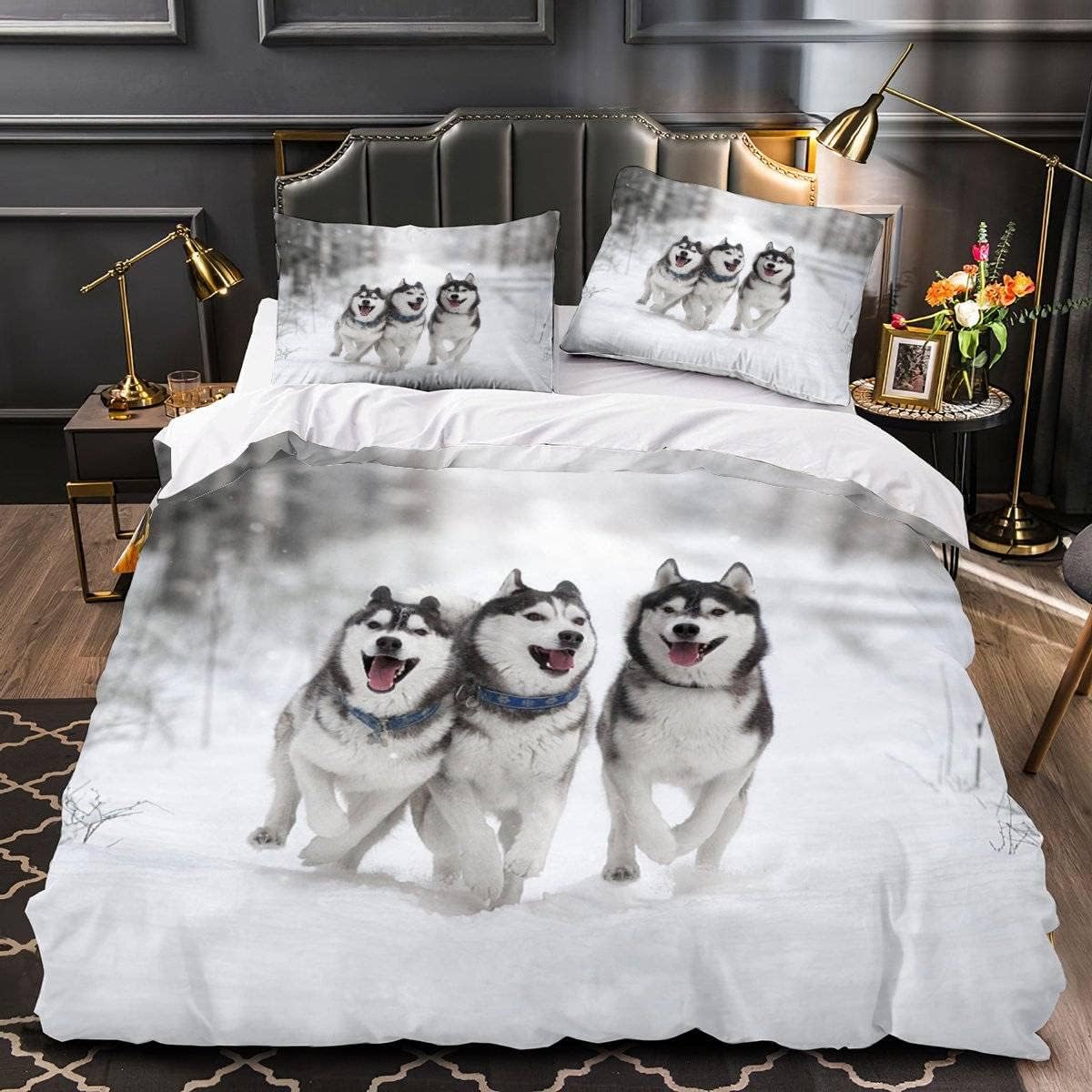 MEVASA Kids Bedding Husky Duvet Cover Set - Girls & Boys Single Bedding Winter Dog Fluffy Microfiber Hypoallergenic Duvet Cover - 3 Pieces /135x200