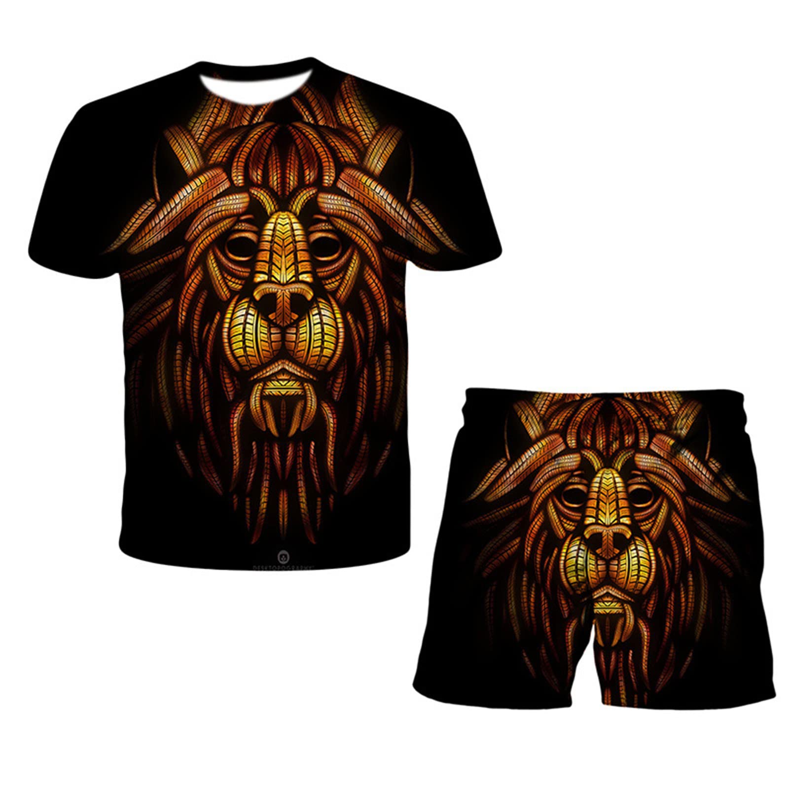 Ensemble 2 Pièces Homme T-Shirt Imprimé Lion + Short - Tenue Décontractée Sport Été Avec Poches