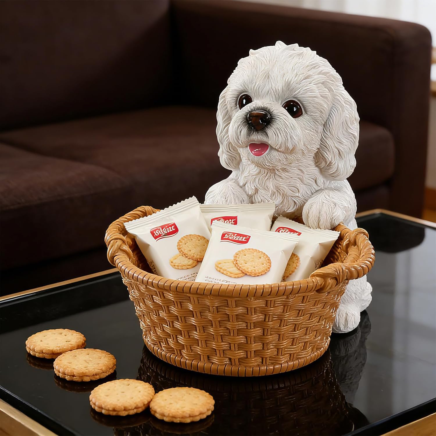 Poodle Candy Dish Dog Statue with Basket : 7.1" Tall Realistic Poodle Butler — Large Entryway Key Bowl — Dog Storage Basket — Unique Gift for Dog Lovers