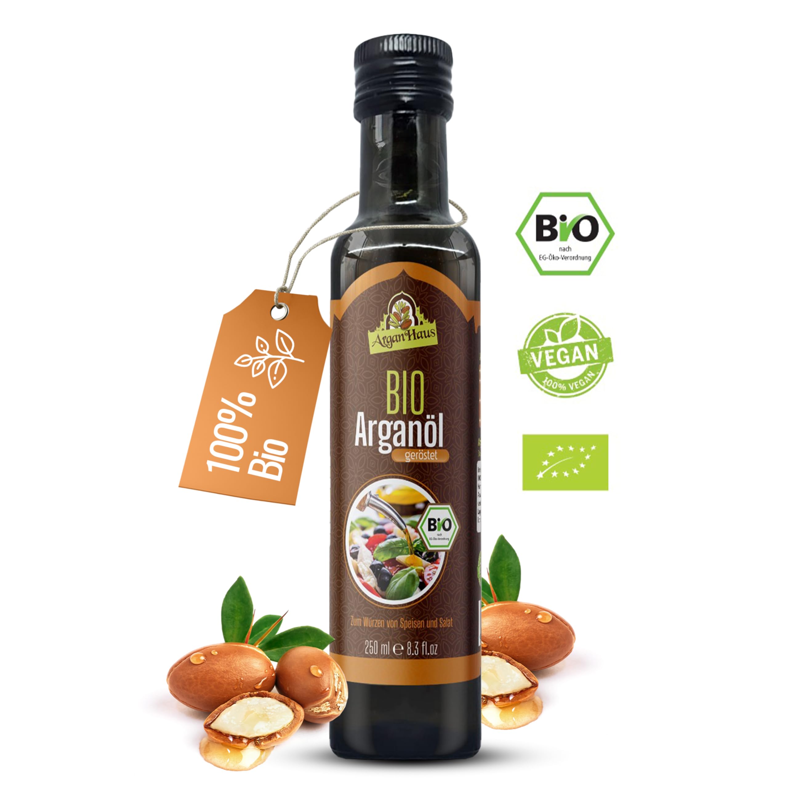 Arganhaus Arganöl für die Küche – 100% reines, geröstetes Arganöl aus Marokko, nussiges Aroma, kaltgepresst, ideal für Salate & Rohkost, nicht erhitzen, Bio-Qualität, natürlich & aromatisch