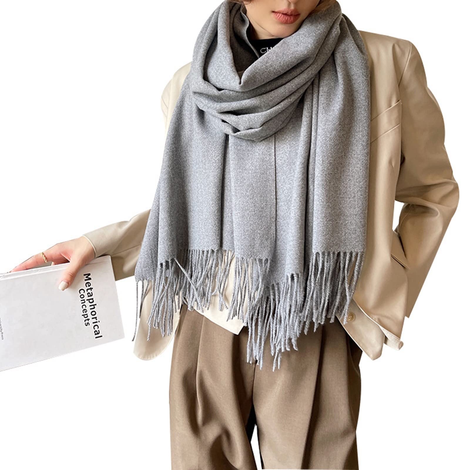 Écharpe Cachemire Femme, Écharpe Hiver Femme Bronzage Léger Pompon de Couleur Unie Regalo di Sciarpa Caldo