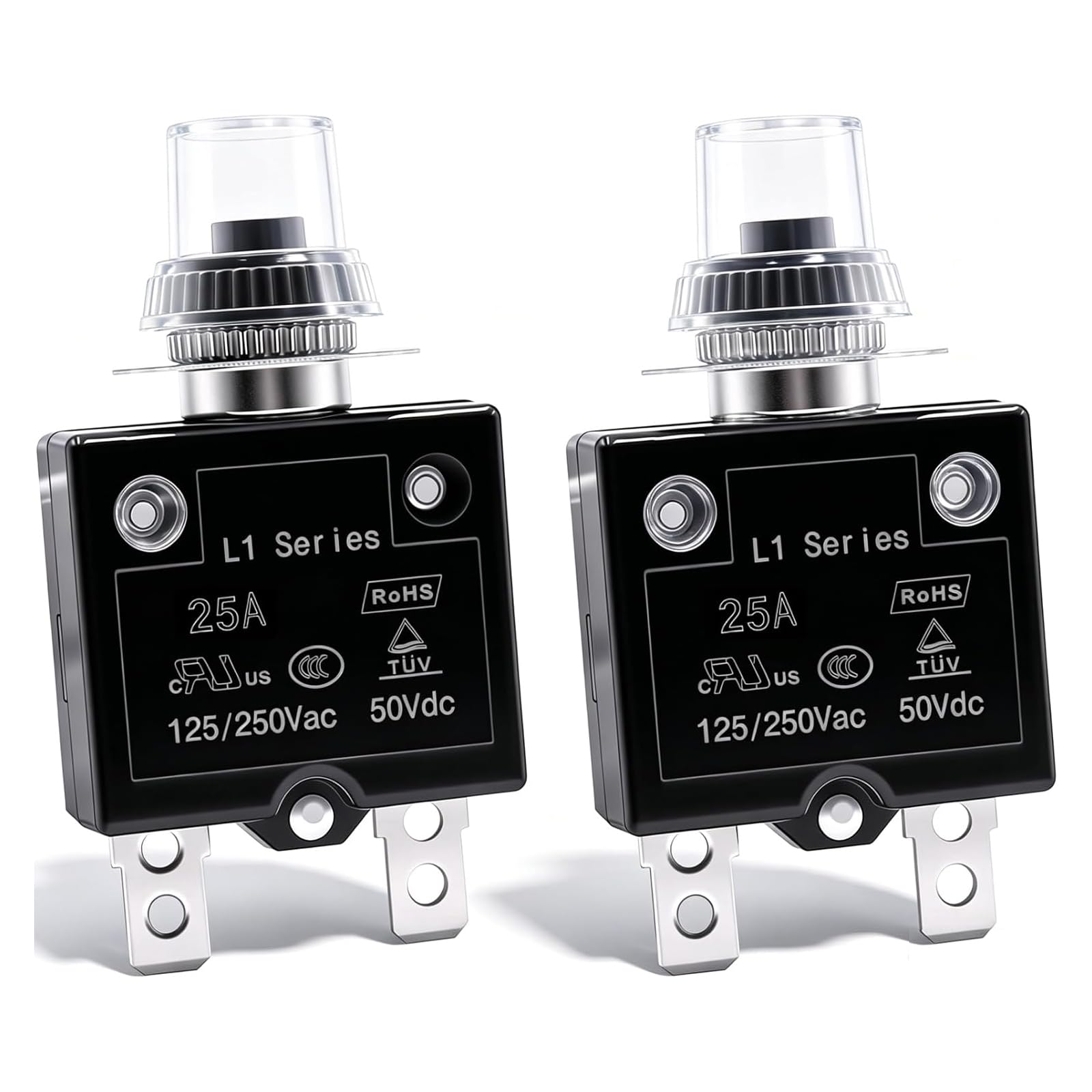 mxuteuk 2Pcs 25Amp Circuit Breakers Push Button Manual Reset 125/250V AC 50V DC, L1 Series Overload Protector Switch Thermal Circuit Breakers with Waterproof Button Caps L1-cj-25A