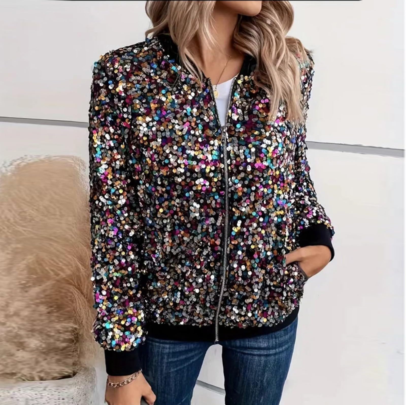 Pailletten Jacke Damen mit Reißverschluss Glitzer Bomberjacke Bolero Elegant Jacken Festliche Disco Kostüm Langarm Casual Pailettenjacke Slim Fit Winter Streetwear Top Glitzertop für Rave Party