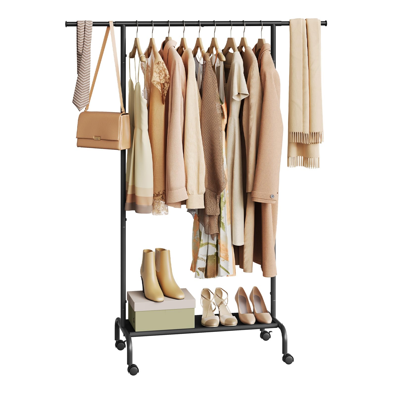 WOLTU Kleiderständer mit Rollen und ausziehbarer Stange, Kleiderstange aus Metall & Oxford-Stoff, für Kleidung/Taschen/Schuhe, (84-124) x 156 x 40 cm