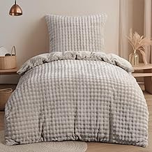 RUIKASI Winter Plush Bed Linen 135 x 200 cm 2-Piece Beige - Warm Cuddly Soft Fluffy Flannel Fleece Bed Linen Luxury Reversible Duvet Cover with Zip and 1 Pillowcase 80 x 80 cm