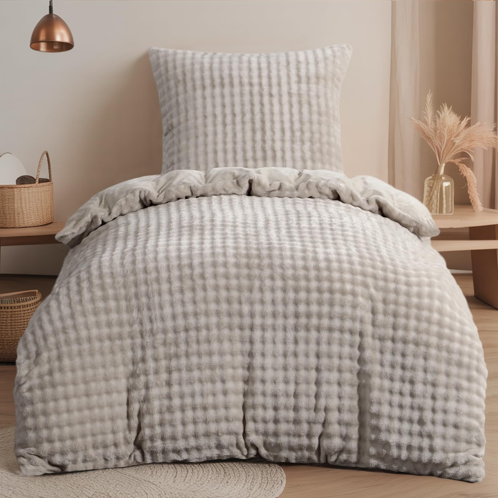 RUIKASI Winter Plüsch Bettwäsche 155x220 2teilig Beige - Warme Kuschelig Weich Flauschige Flanell Fleece Bettwäsche Luxus Wende Bettbezug mit Reißverschluss und 1 Kissenbezug 80x80cm