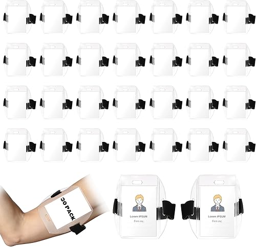 ZEAYEA 30 soportes para credencial de brazo, soporte para tarjeta de identificación con correa elástica ajustable negra, soporte de etiqueta de PVC