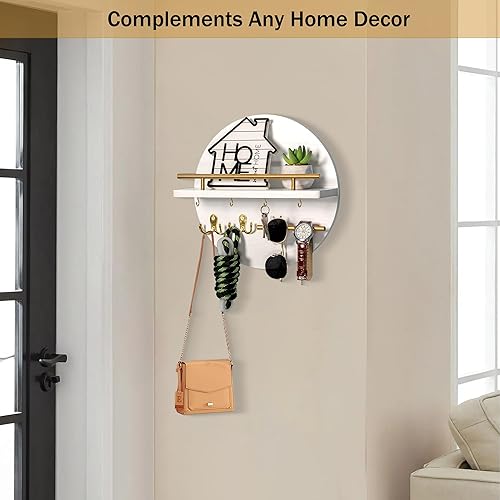 Miniatura 2 de Soporte para llaves decorativo de pared con estante y ganchos, organizador de correo de pared con soporte para lentes de sol, diseño circular para