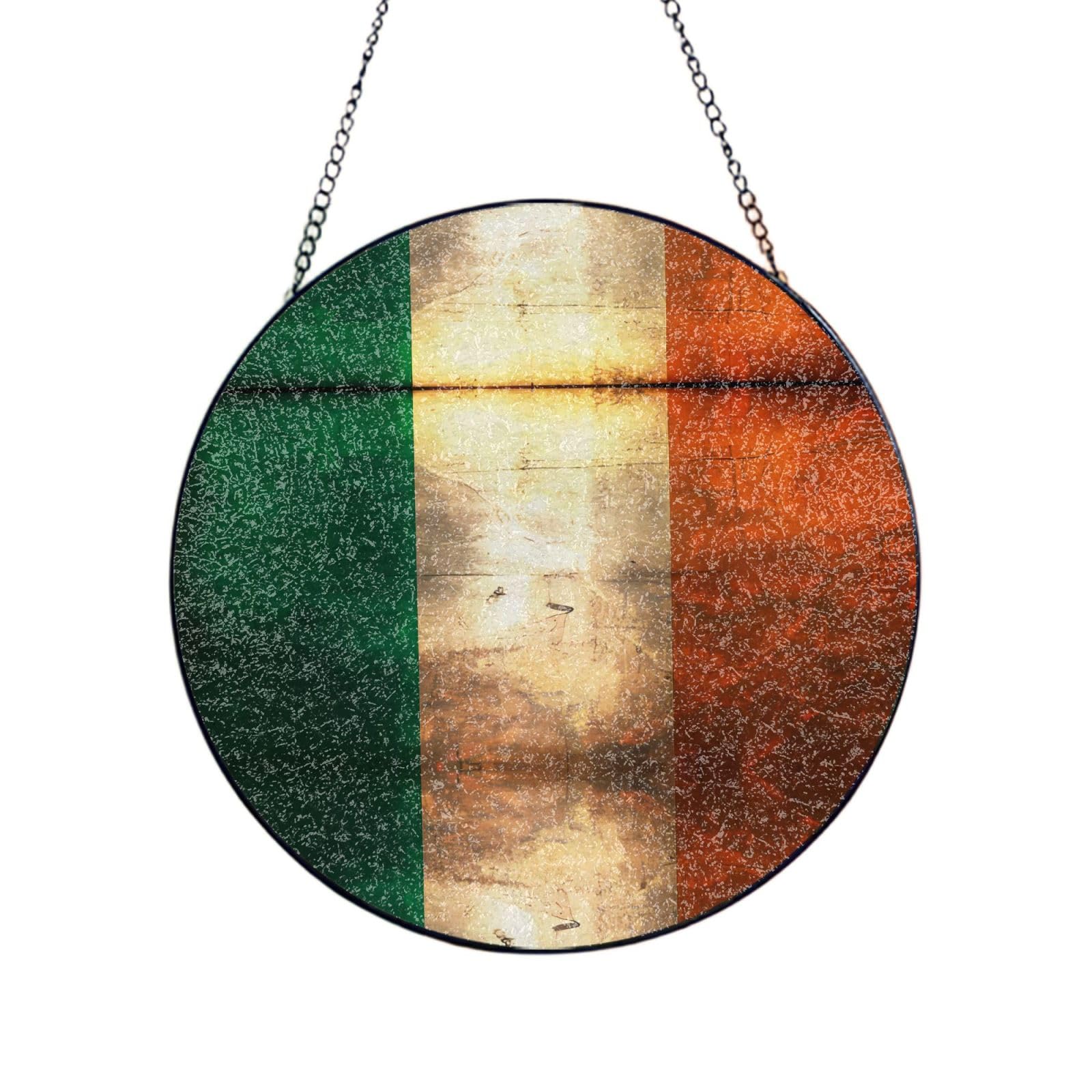 Phayah Irish Flag Print Glass Window Hanging Round Suncatcher Glass Ornament Garden Wall Fence Decorations Indoor Outdoor 10in（25cm）