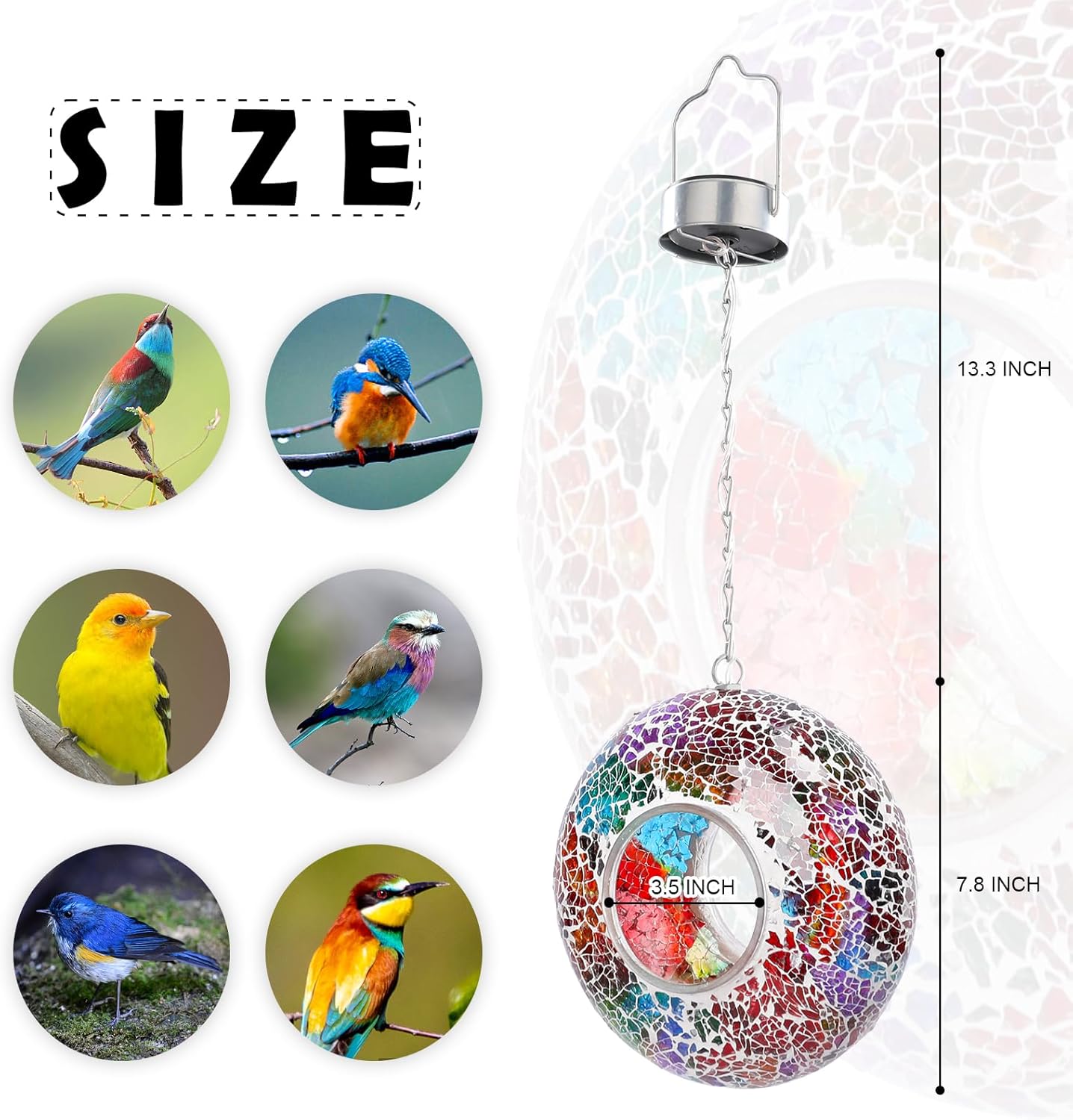 VCUTEKA Mosaic Bird Feeder Solar Fly Through Birdfeeder for Outside Hanging Round Shape Glass Container to Attract More Wild Bird Feeders for Garden Decor as Gift for Bird Lovers, Red 8-Inch