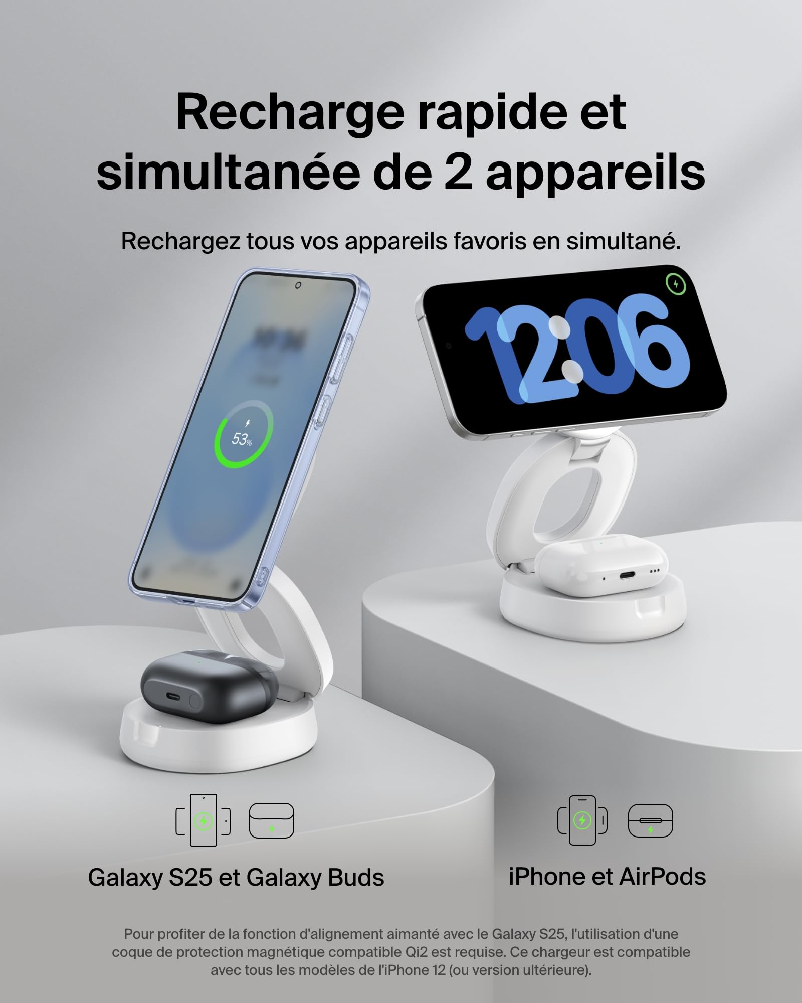 Belkin BoostCharge Chargeur 2-en-1 aimanté et Pliable, Station de Recharge Compatible MagSafe, certifié Qi2, 15 W, pour iPhone 17, iPhone Air, AirPods, Pixelsnap, Adaptateur 30 W Inclus - Blanc