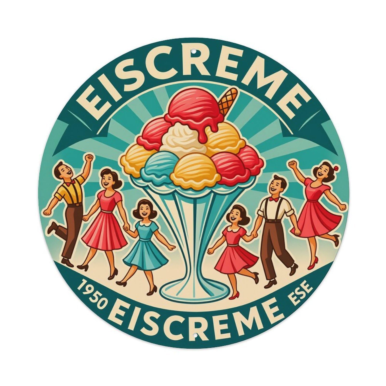 Ice Cream Vintage People Dance Round Tin Sign Vintage Metal Poster, Home Bar Garage Man Cave Cafe Indoor & Outdoor Wall Decoration 8x8Inches