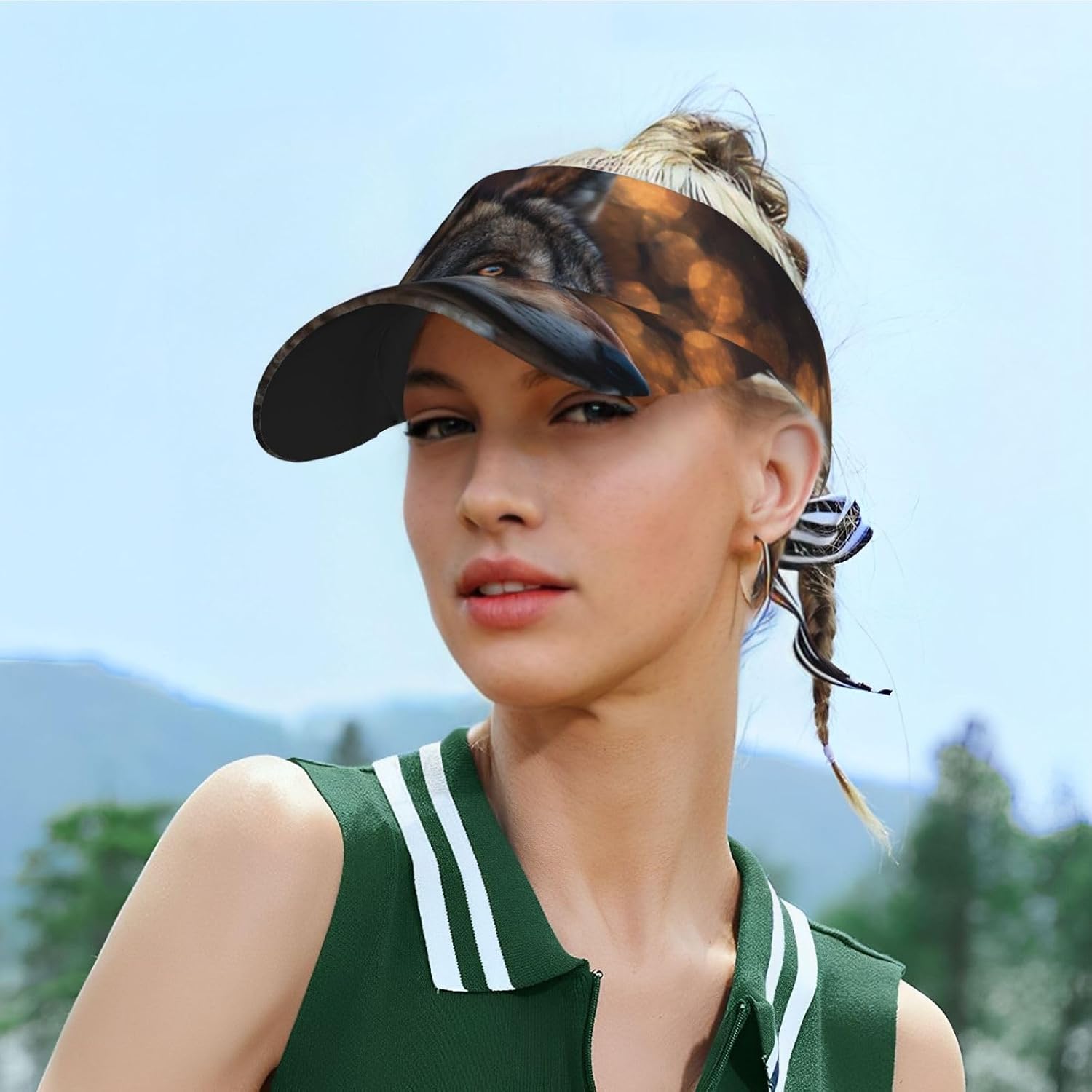 (Wolf) Adult Sun Visor Hat Adjustable Open Top Sports Cap Breathable for Men Women Beach Vacation Essentials Black