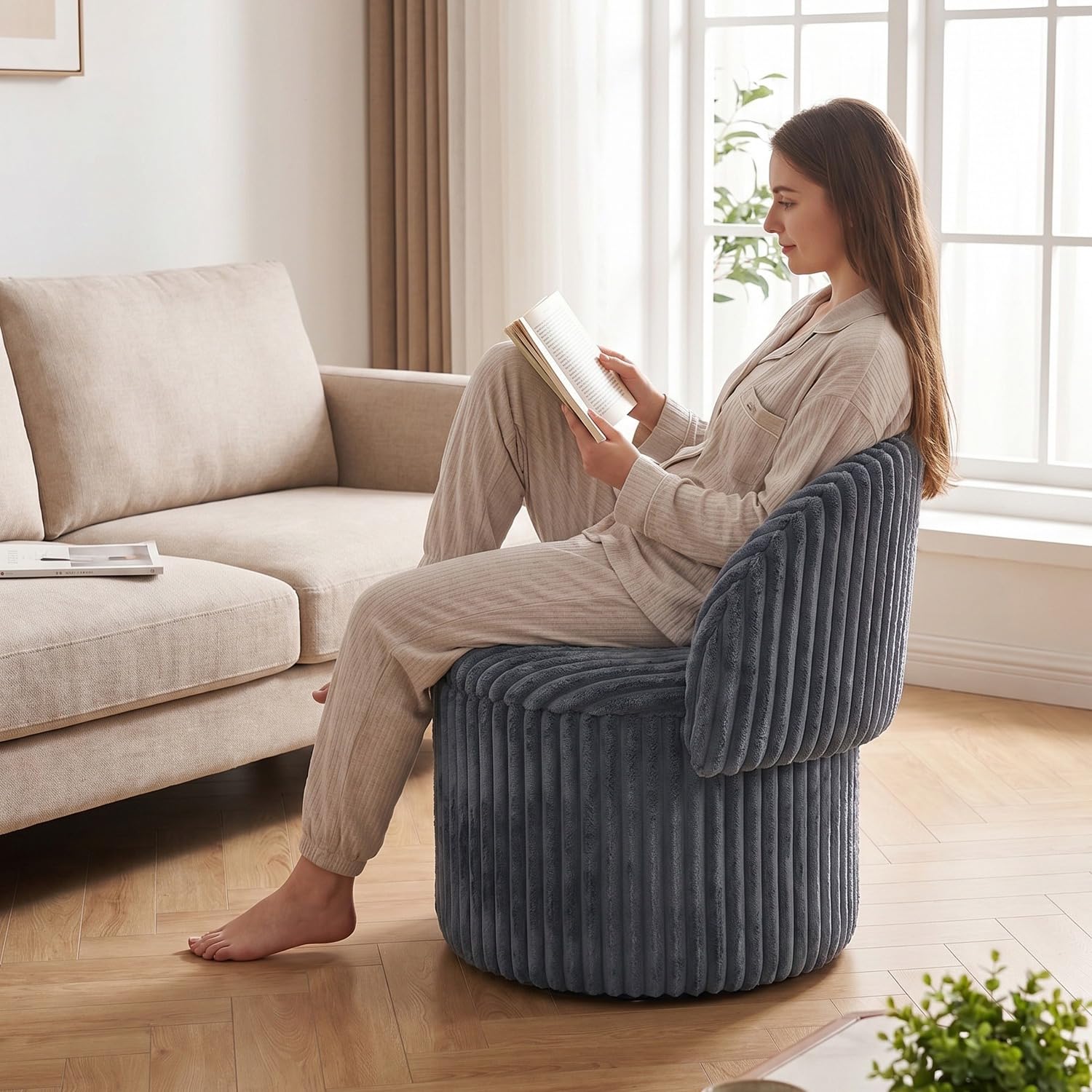BLOOM BLENDS Teddy Boucle Tub Chair With Hidden Storage, Round Vanity Seat With Curved Back and Lift-Off Lid, Wooden Frame, 150kg, 46 x 62 cm (Harp Charcoal (XL)) — image 1