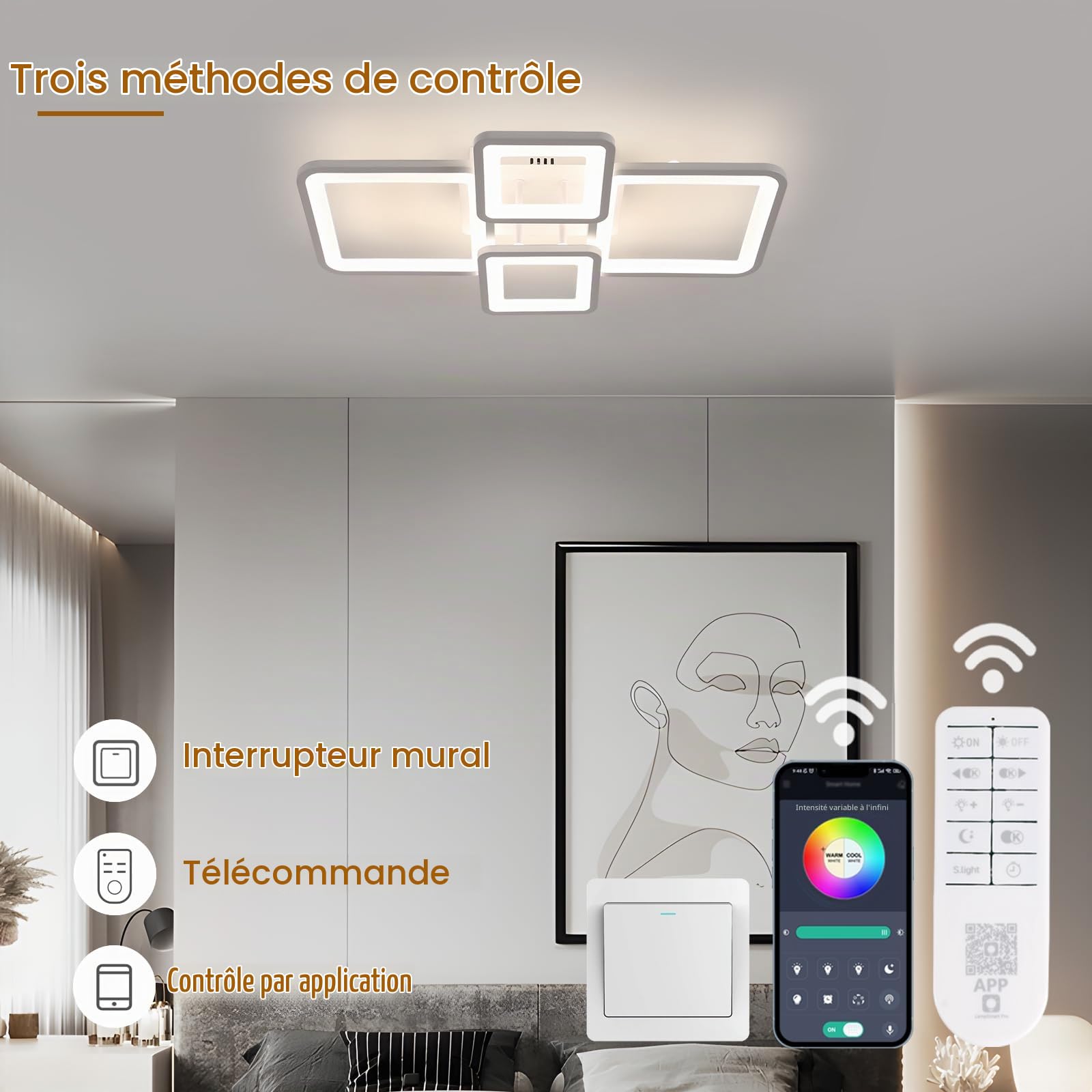 54W Plafonnier LED Dimmable avec Télécommande/APP 3000K-6500K 62CM