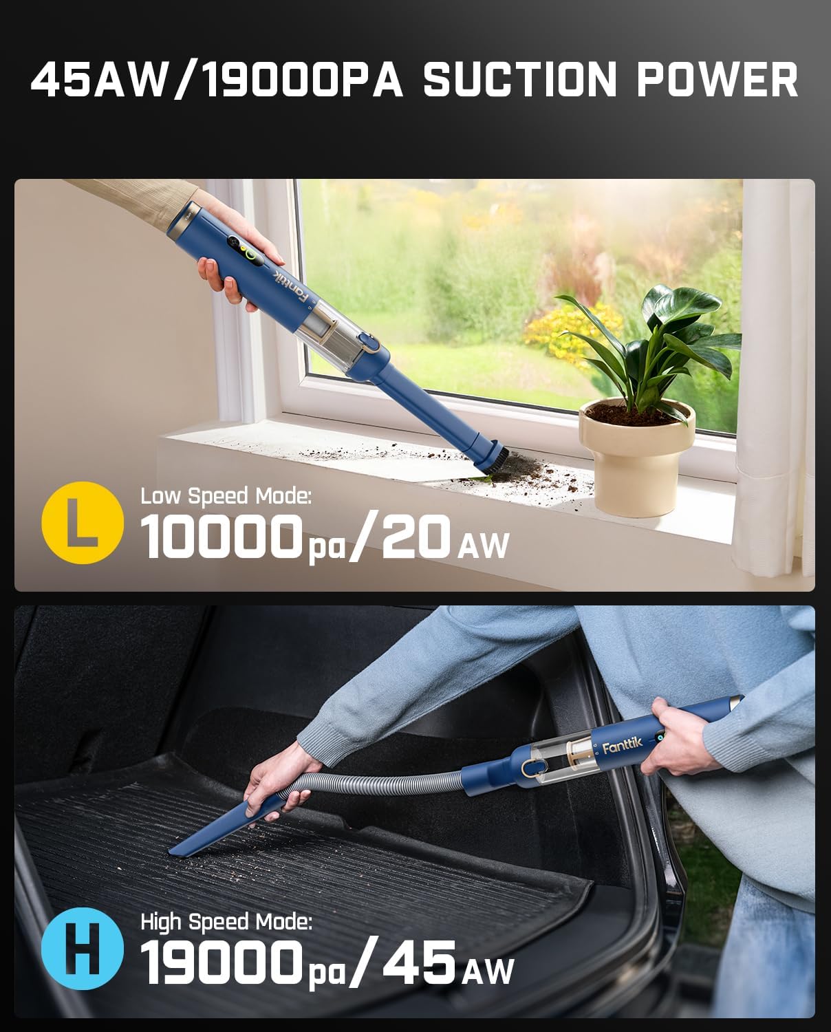 Fanttik Slim V10 APEX Cordless Car Vacuum, 4-in-1 Portable Mini Handheld Vac, 19kPa Suction Power, Upgraded Smart Digital Display, 2 Suction Modes for Small Jobs, Car, Office Desk, Keyboards (Blue) - Image 5