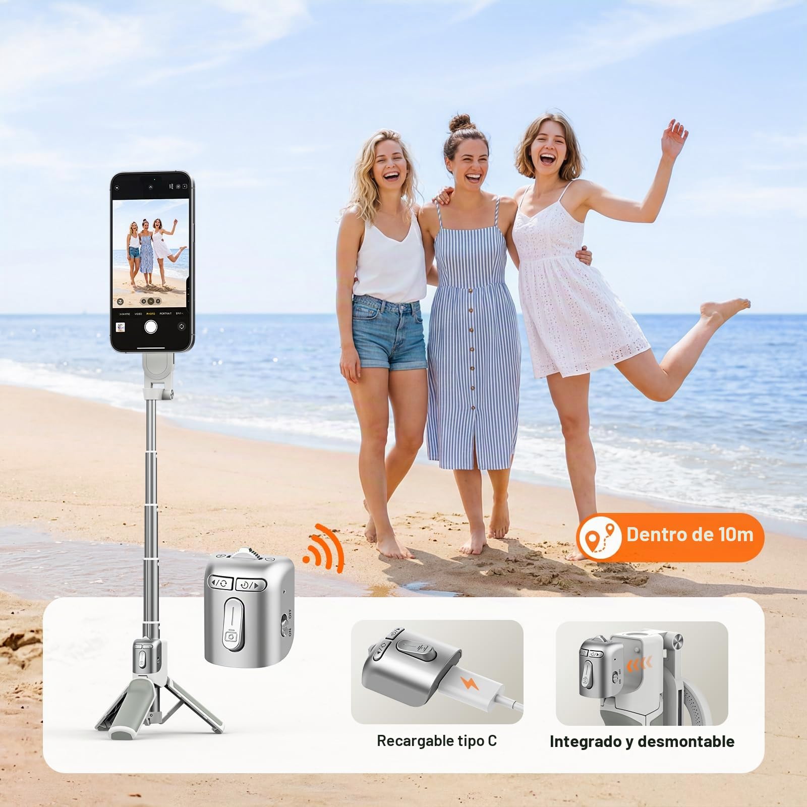 AMAZEAR Palo Selfie Tripode para Movil (4 en 1), Tripode para iPhone, Accesorios Selfie Stick para Móvil con botón de Disparo inalámbrico extraíble para iPhone 16 17 Pro MAX, Tripe Telemovel, Blanco