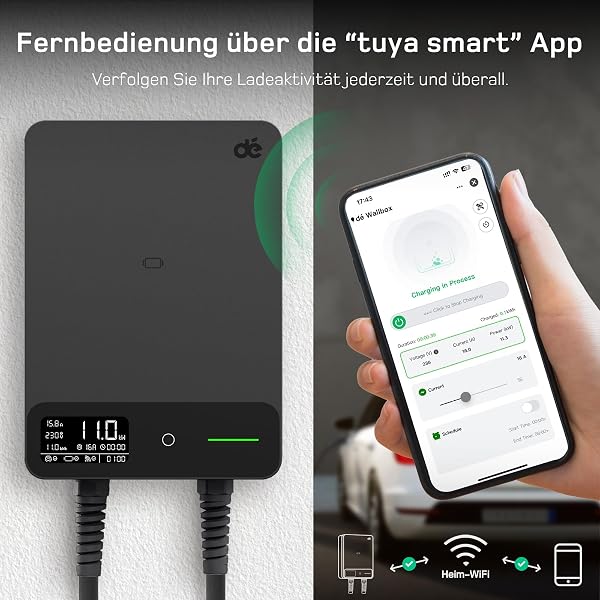 dé Wallbox 11kW mit APP, 7,5m Typ 2 Ladekabel mit Kabelhalter, 3-Phasen EV-Ladegerät (6-16A, 400V), für BEV/PHEV, RCD Typ-B & IP54-Schutz, effiziente Ladestation für Zuhause, Schwarz - 3