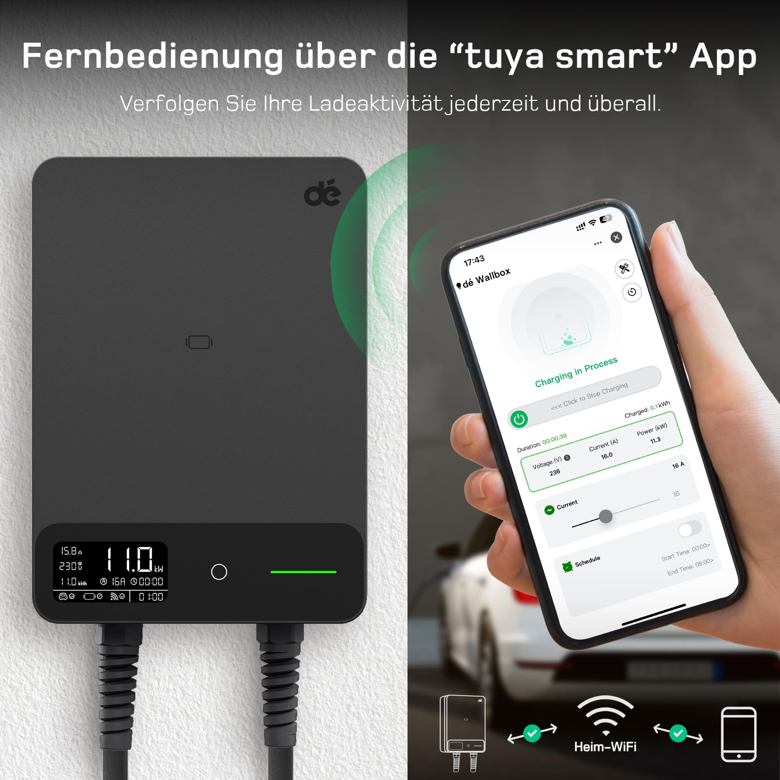 dé Wallbox 11kW mit APP, 7,5m Typ 2 Ladekabel mit Kabelhalter, 3-Phasen EV-Ladegerät (6-16A, 400V), für BEV/PHEV, RCD Typ-B & IP54-Schutz, effiziente Ladestation für Zuhause, Schwarz - 3