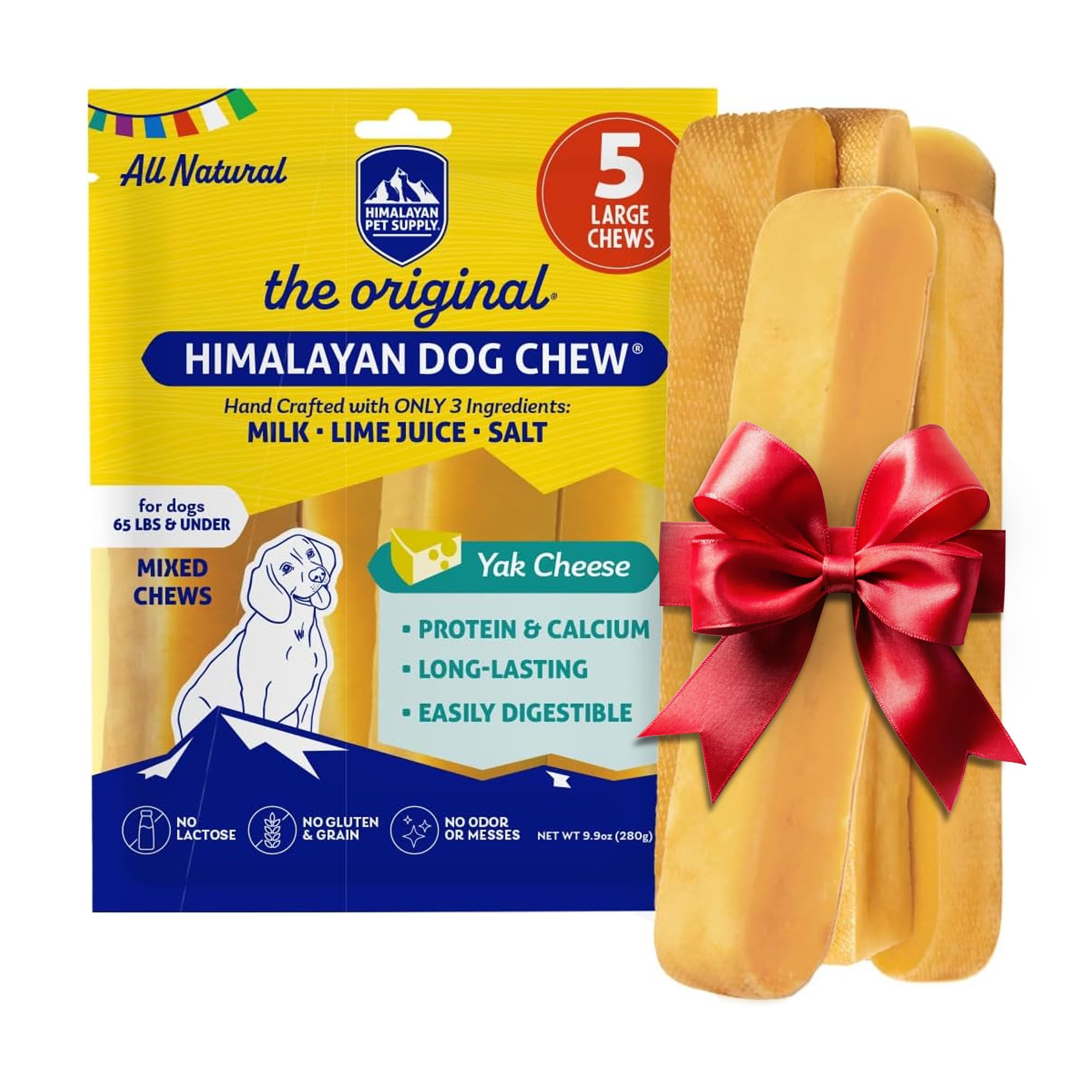 Himalayan Dog Chew Original Yak Cheese Dog Chews, The Better-For-You Chew, 100% Natural, Long Lasting, Healthy Safe Dog Treats, Lactose & Grain Free, Protein Rich, For Dogs 65 Lbs & Smaller, 5-Count