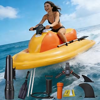 2-Person Inflatable Jet Boat, Inflatable Jet Ski with 500W Underwater Scooter, 9-Speed Remote Control,3-9km/H Speed, 10000mAh Battery,Diving Depth 40m,for Water Sports Snorkeling Yellow