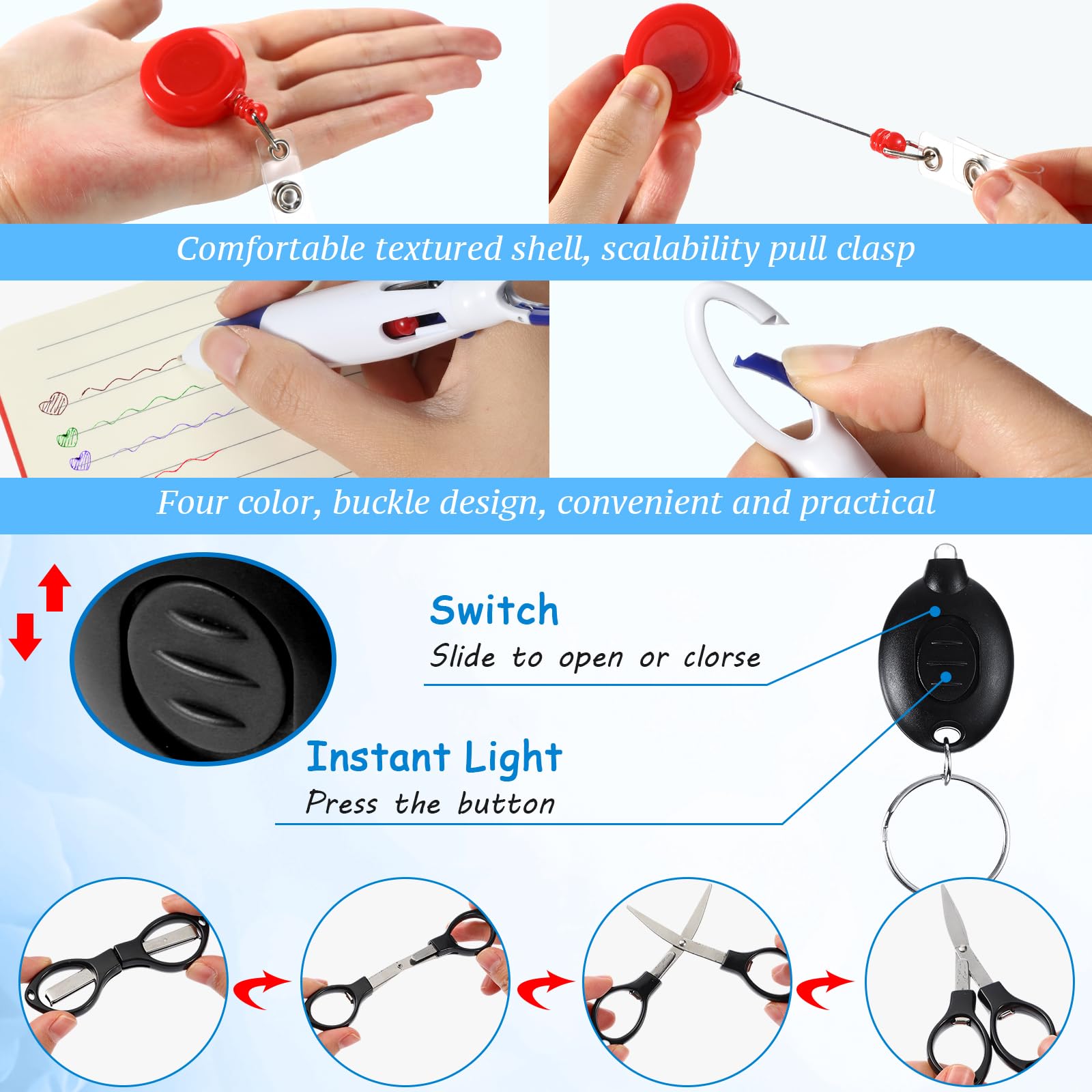 Glenmal Mini-Textmarker, Krankenschwesterstifte, Set mit Mini-Schere, Textmarker, einziehbarer Neon, Krankenschwesterstift, LED-Schlüsselanhänger, Clip, Taschenlampe, Schlüsselanhänger für