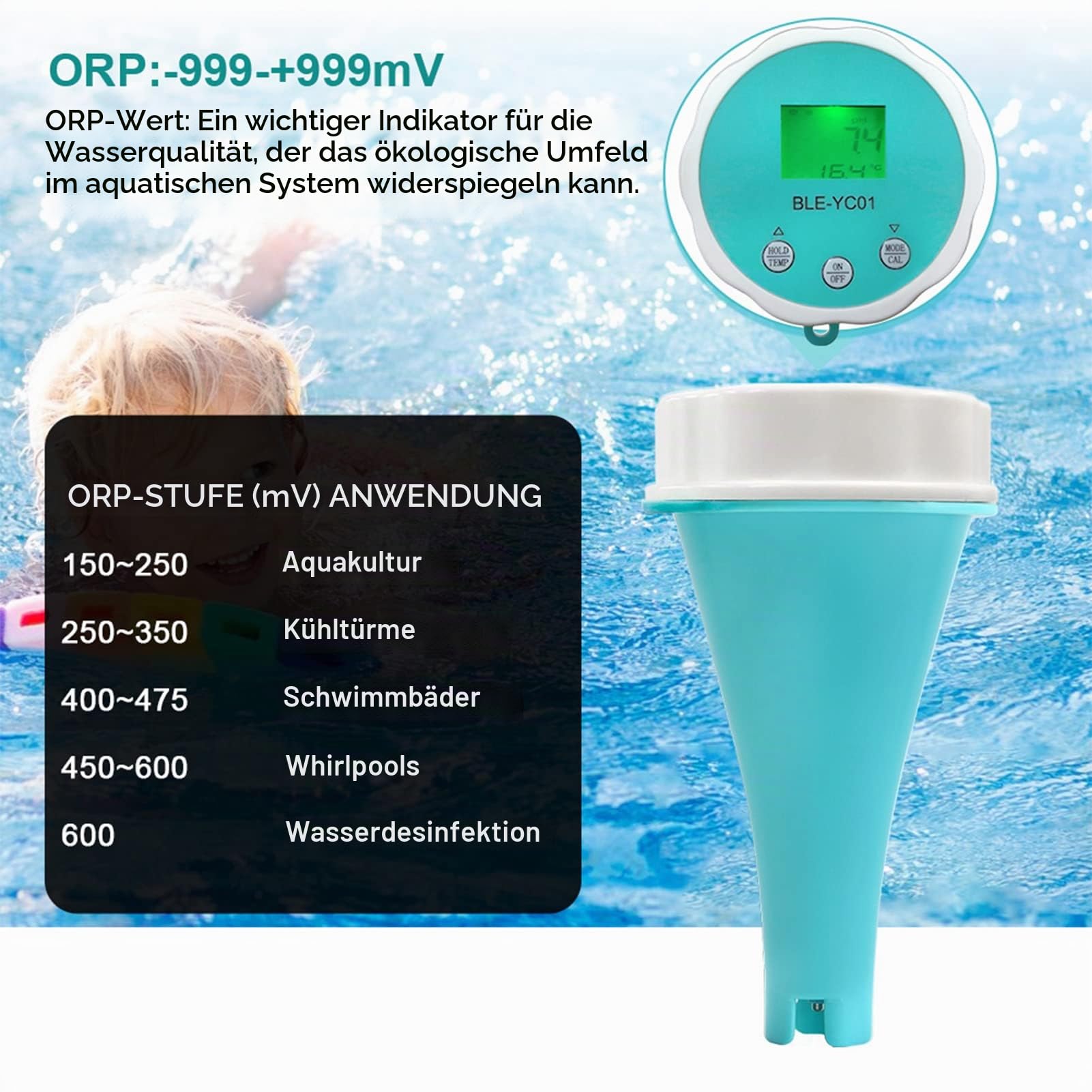 Digitaler Wassertester, Wassertester, 6-in-1-PH-EC-TDS-ORP-TEMP-Restchlor-Wassertester-Stift für Trinkwasser-Schwimmbecken