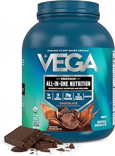 Vega 올인원 영양 유기농 비건 단백질 파우더 - 초콜릿, 20g 단백질 식사 대용 쉐이크 - 1.8kg(4파운드), 42회 분량 (6팩)