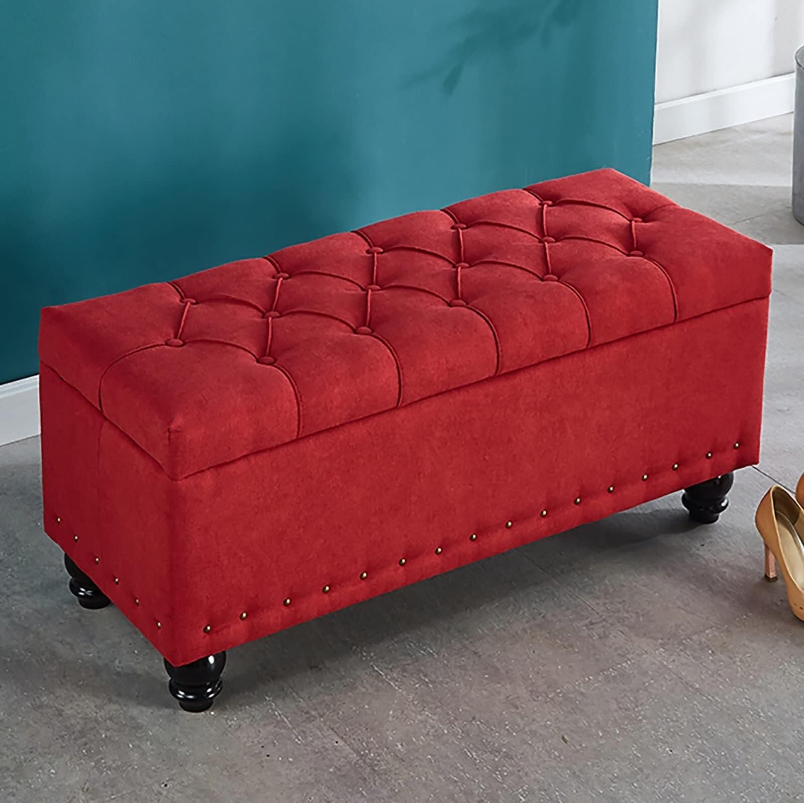 Banc ottoman de rangement en velours de luxe capitonné, coffre élégant pour une chambre chic