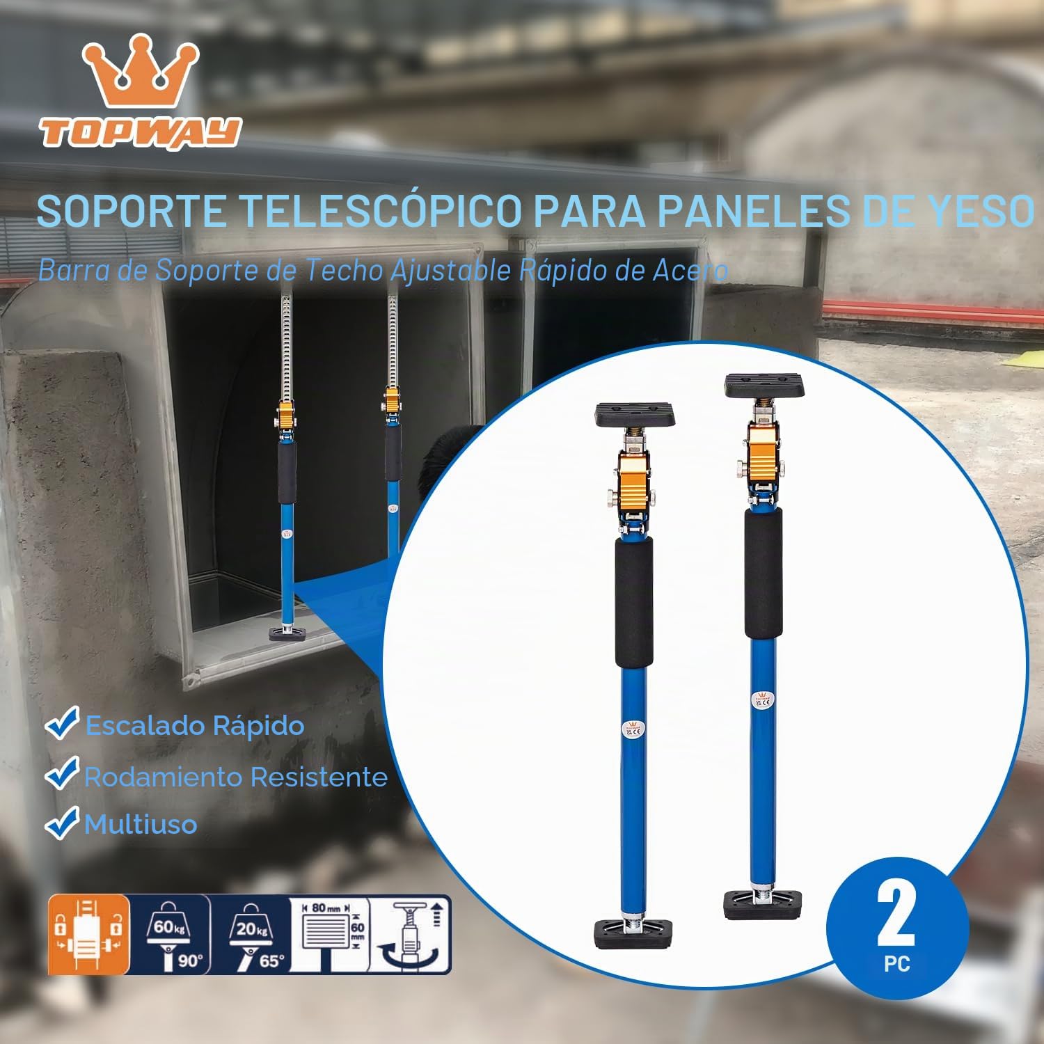 TOPWAY Pack 2 puntales telescópicos para placa de yeso 600‑1000 mm – soporte de techo ajustable rápido de acero para encimeras, marcos de puertas – carga hasta 60 kg