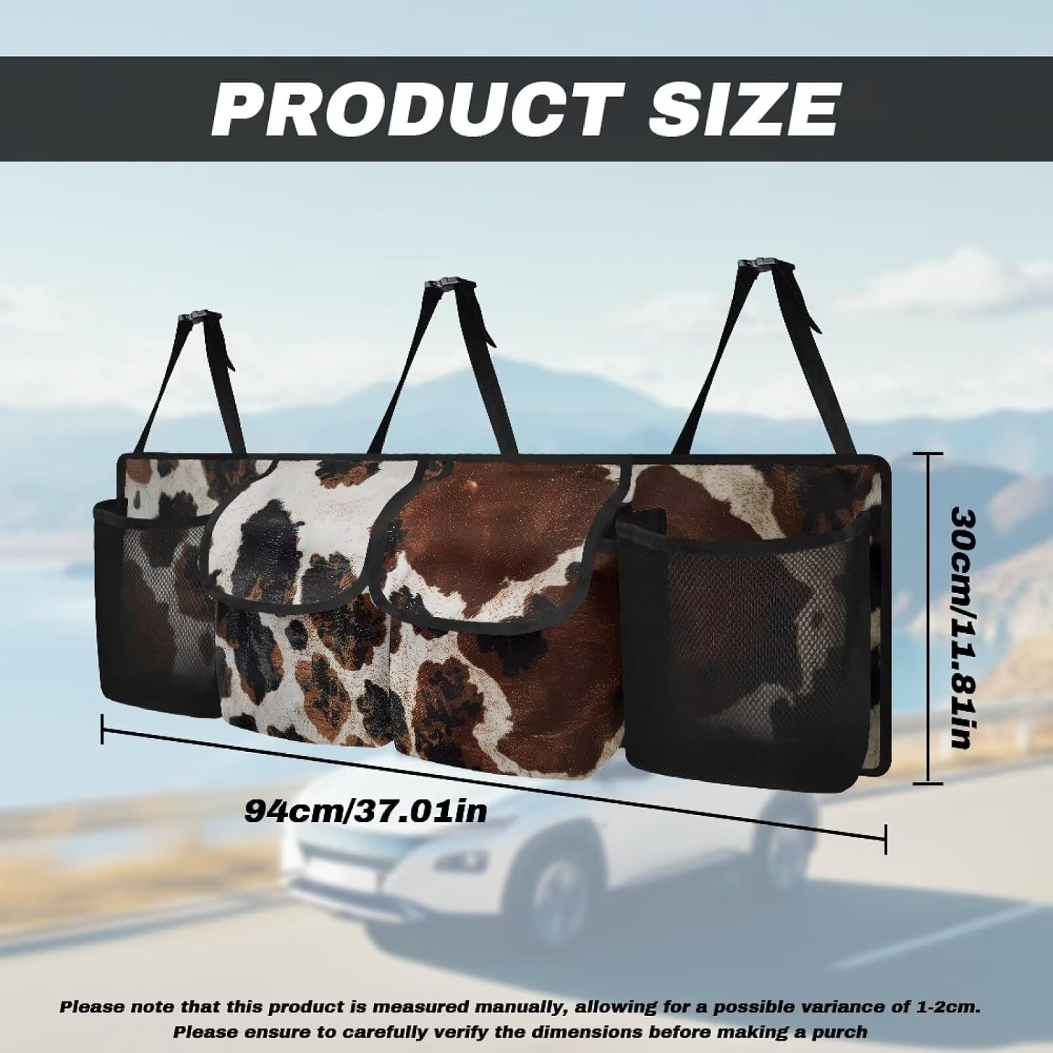 Cow Print Car Trunk Organizer, Large Capacity Auto Backseat Hanging Organizer, Thick Backseat Storage Bag with 2 Pockets, 2 Mesh Pockets, Car Trunk Tidy Storage Bag with Lids
