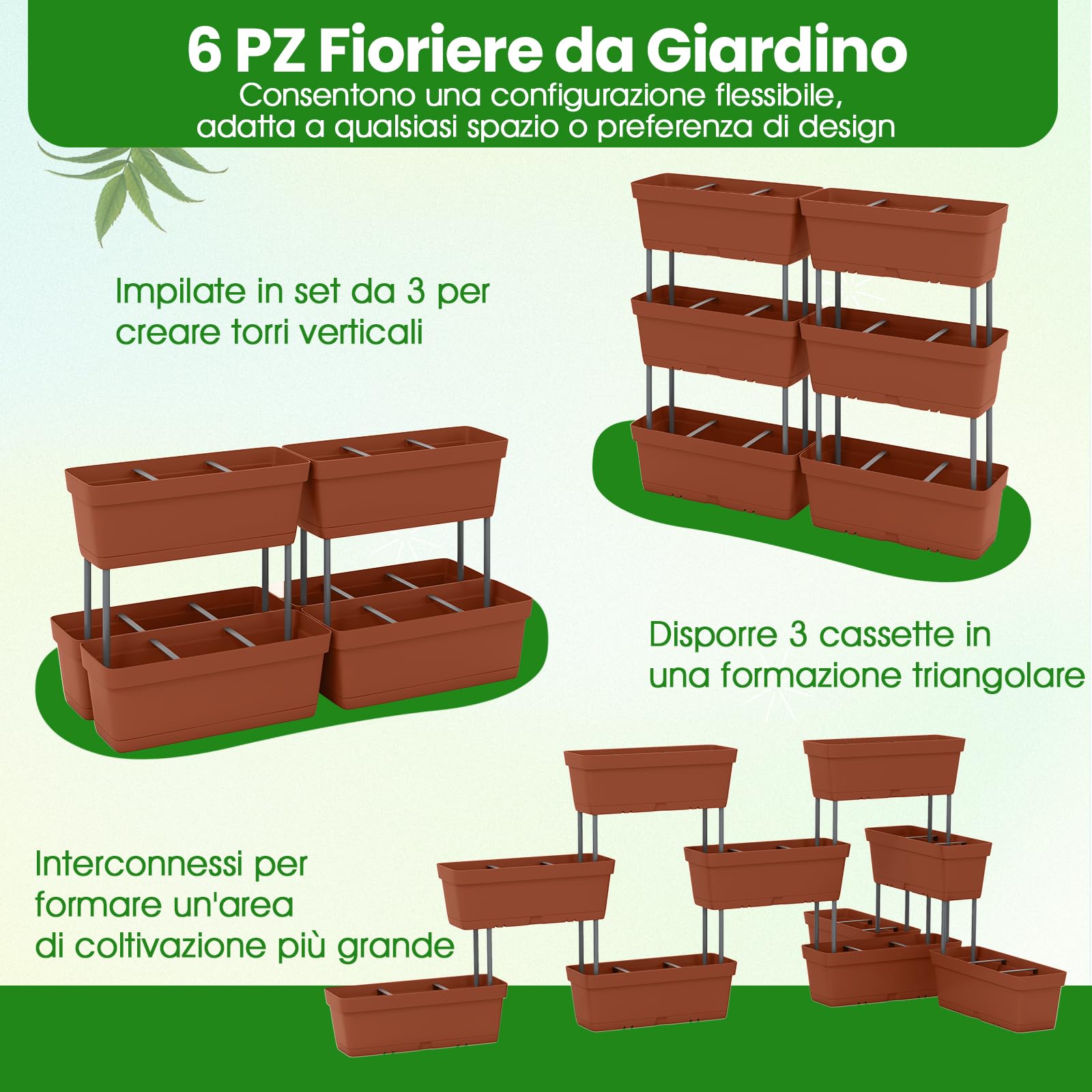 RELAX4LIFE Set di 6 Vasi per Piante, Fioriera a 3 Livelli con Aste di Connessione Solide, Combinazione Libera e Personalizzata, Design Verticale e Salvaspazio, Capacità di Peso 5 kg (Rosso)