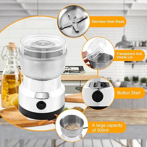 Miniatura 7 de Molinillo de café, molinillo automático eléctrico con 4 cuchillas de acero inoxidable, molinillo de café de 10.1 fl oz, molinillo de café con un