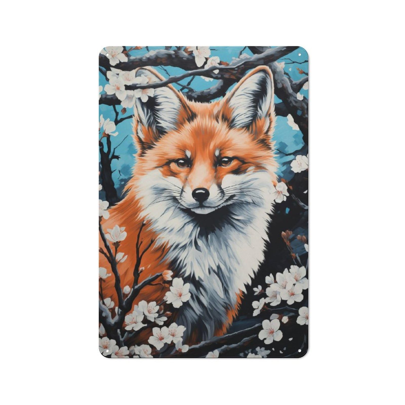 Junmoney Fox In Blossom Japan Vintage Metal Sign 30X20cm For Pub Or Café, For Collectors Of Vintage Metal Wall Decor