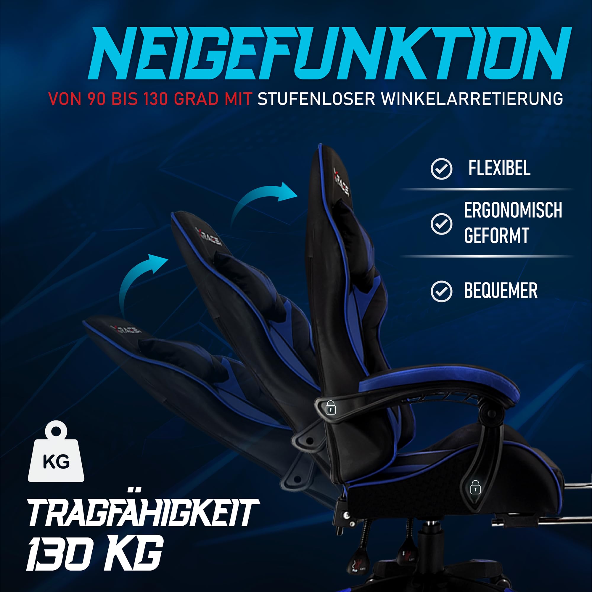xRace Gaming Stuhl, Bürostuhl, Ergonomischer Pc Stuhl, Gaming Sessel aus Leder mit Lendenwirbelstütze, Verstellbarer Drehbarer, Task Stühle mit Fußstütze und Kopfstütze, Blau