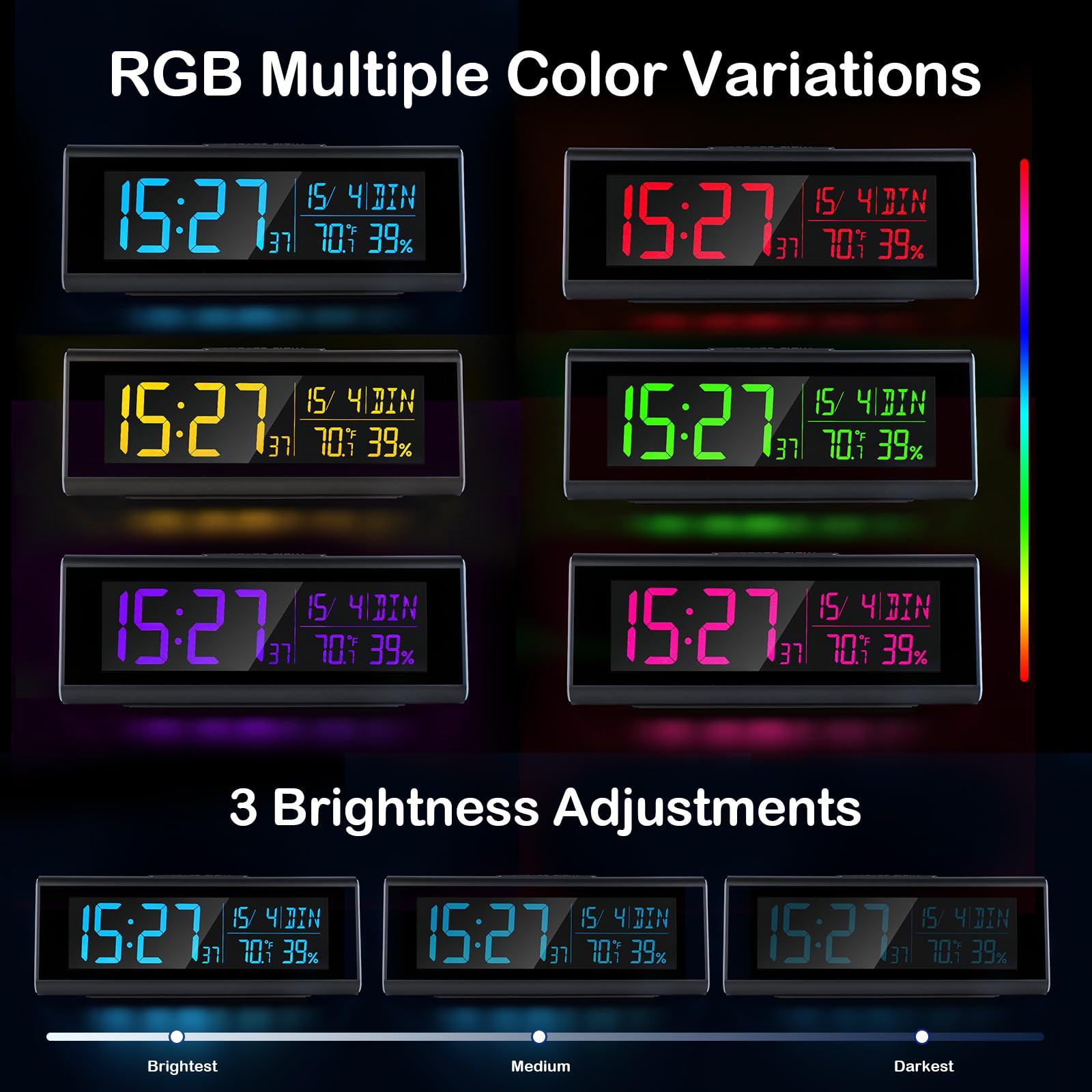 Seutgjie Sveglia Digitale da Comodino con Luce RGB Secondi Data Settimana Temperatura Umidità VA Display DST Funzione doppio allarme Modalità Snooze Formato per Scrivania Camera da Letto Ufficio