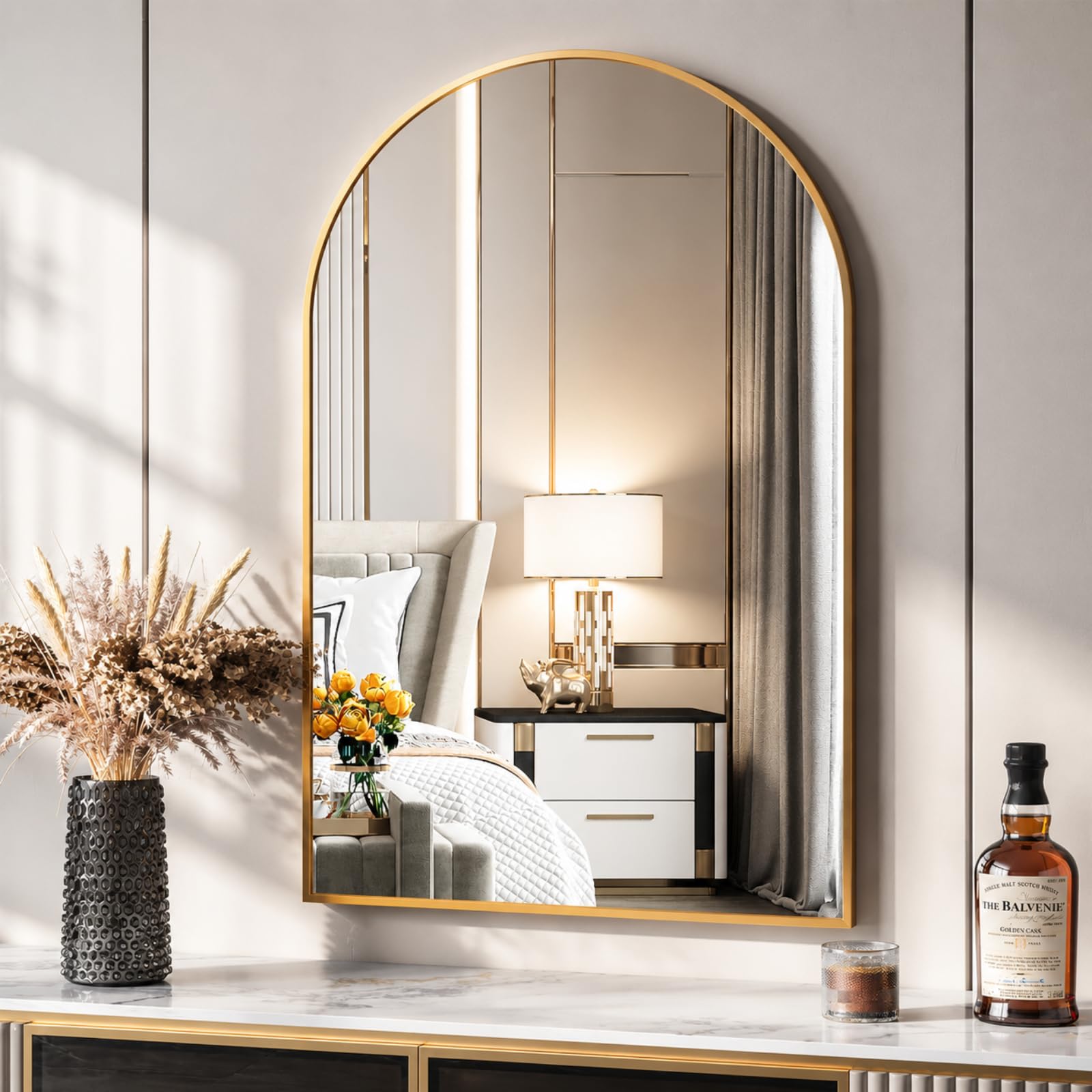 Clevich Specchio da parete ad arco con oro, 96x66 cm, Decorativo da parete ad arco semicircolare, Con cornice in alluminio spazzolato, per bagno, corridoio, soggiorno, camera da letto, Infrangibile