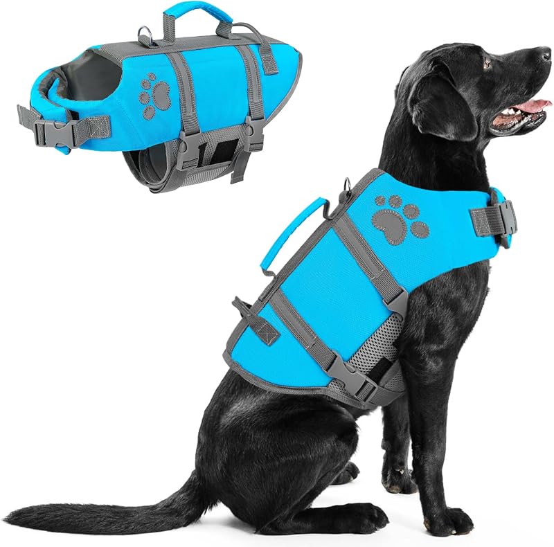 Colete salva-vidas para cães Queenmore com flutuação EPE, alça e faixa refletiva Azul XL
