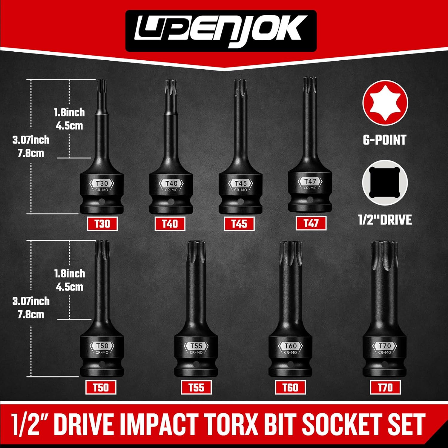 8-Pieces 1/2" Drive Impact Torx Bit Socket Set, T30 T40 T45 T47 T50 T55 T60 T70, Impact Star Bit Socket Set with Storage Case, Professional Master Repair Socket Kit, Cr-Mo Steel