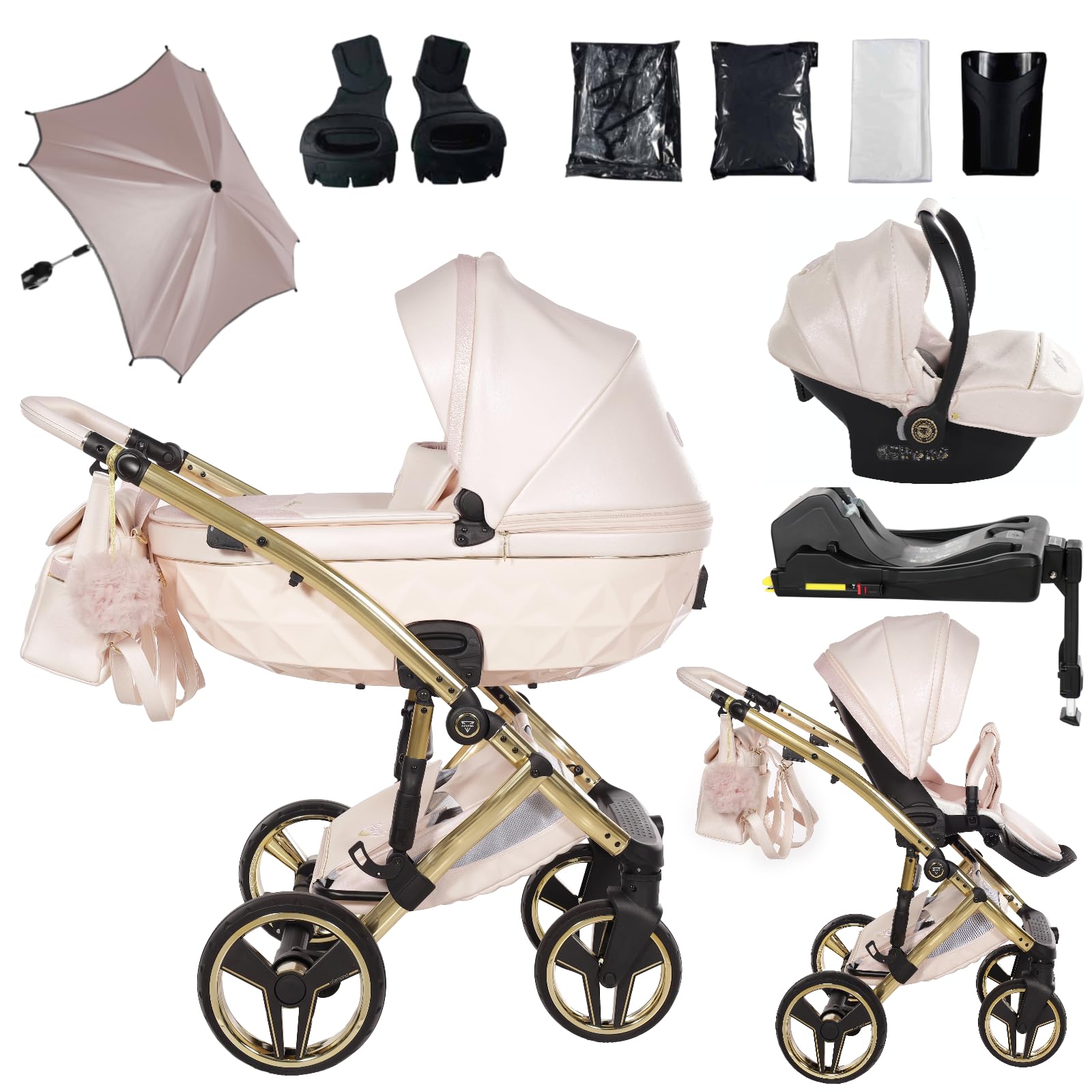 Junama Candy Premium Rosa y Dorado Cochecito de Bebé 2 en 1, 3 en 1, 4 en 1 + Sombrilla para Carrito (4 en 1 con base ISOFIX)