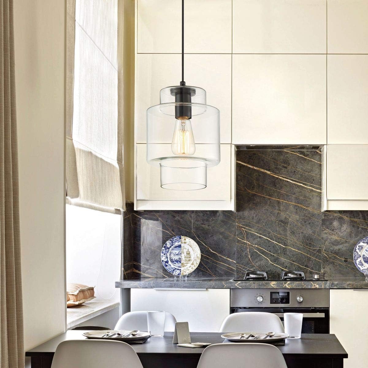 Vanity Art Modern Elegant Black 1 Light Glass Pendant Ceiling Light Fixtures Chandelier Lighting for Kitchen Dinning Room 20041BK