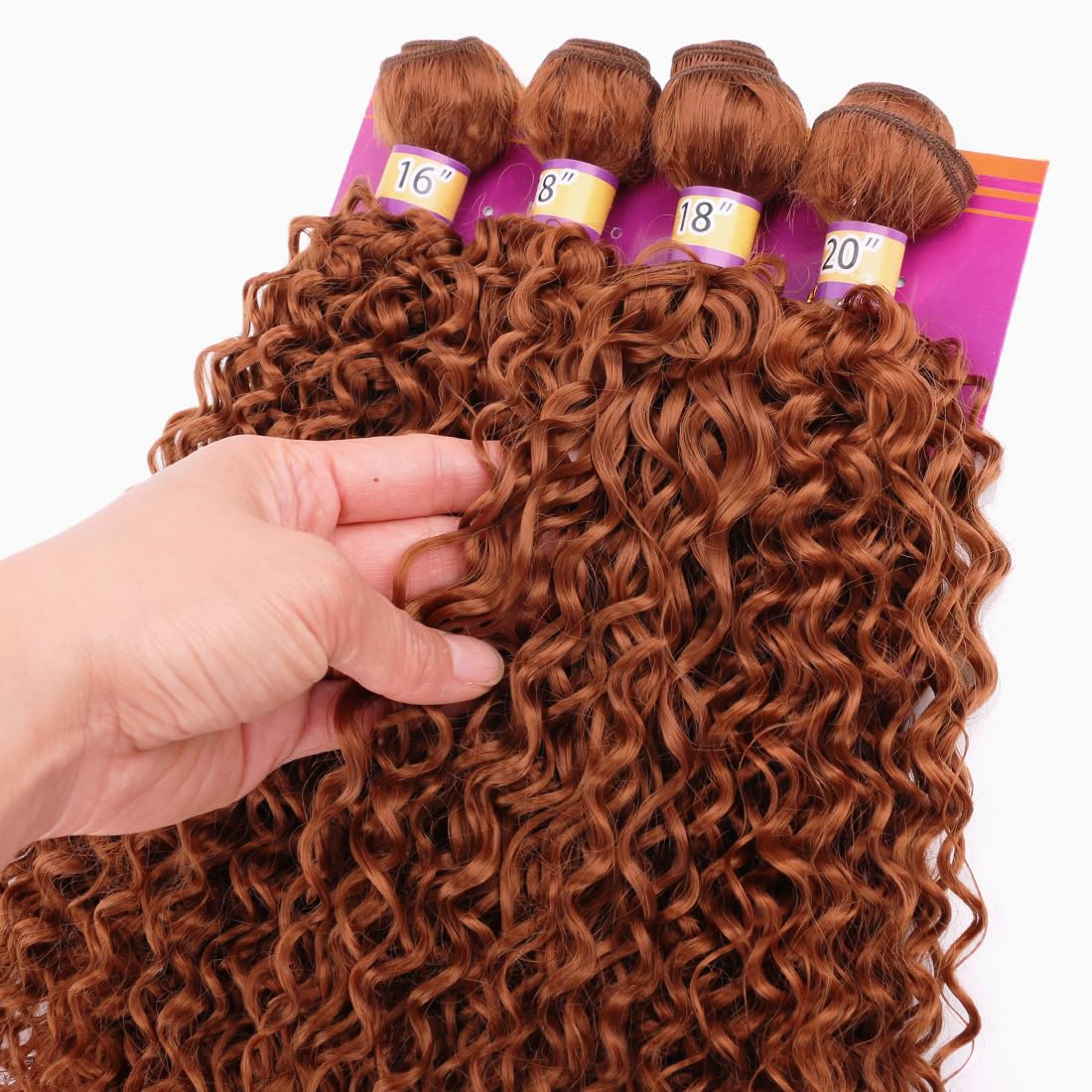 Highlight Brown Afro Kinky Curly Synthetic Hair Weave 4 Bundles 16 18 18 20 Inches Jerry Curl Synthetic Hair Weft Extensions(Color 30)