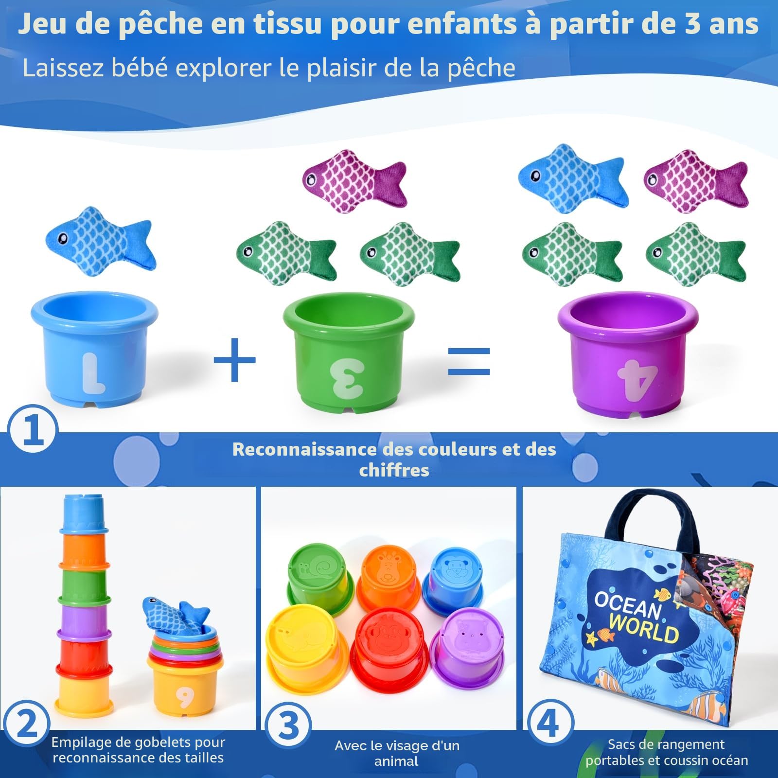 Jeu De Pêche à La Ligne Chiluxendo – 15 Poissons, 5 Seaux, Canne Velcro, Sac Rangement, Montessori 1-3 Ans