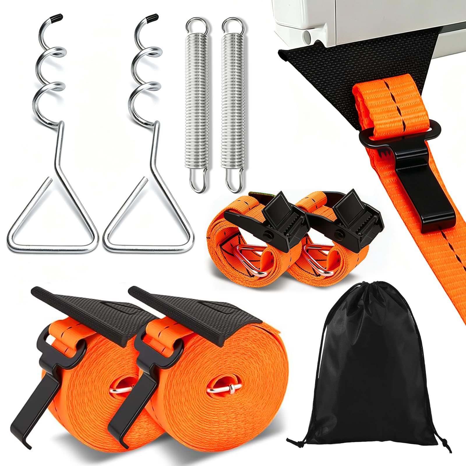 Sangle Anti-Tempête pour Auvents de Camping-Car avec 2 Piquets à Vis, 2 Ressorts et 2 Sangles - Compatible Thule & Fiamma - Accessoire pour Tente, et Accessoires de Camping Car