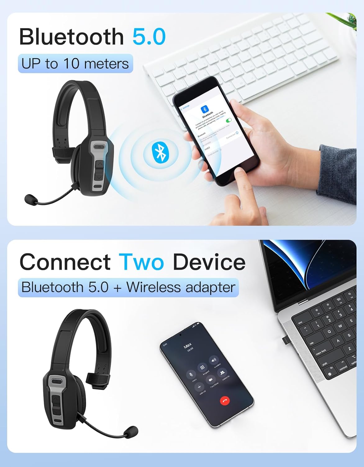 Trucker Bluetooth Headset with Microphone, Wireless Headset with Mic (Noise Canceling) Mute & Volume Buttons Clear Sound Single Ear Design for Work Office Home PC Tablet Computer Cell Phone