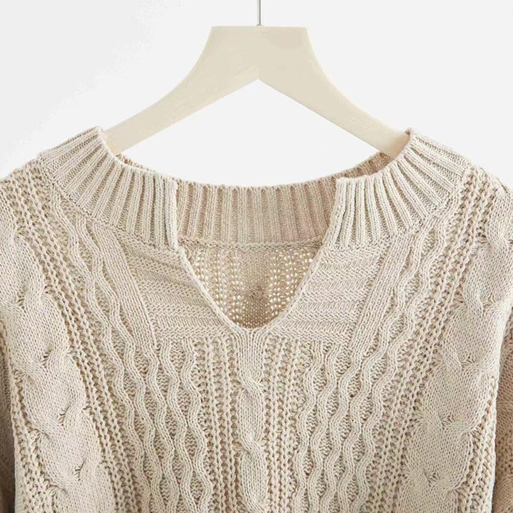 Maglione Invernale da Donna a Collo a V, a Maniche Lunghe, in Maglia a trecce Spessa e Calda, Modello Ampio e Comodo.
